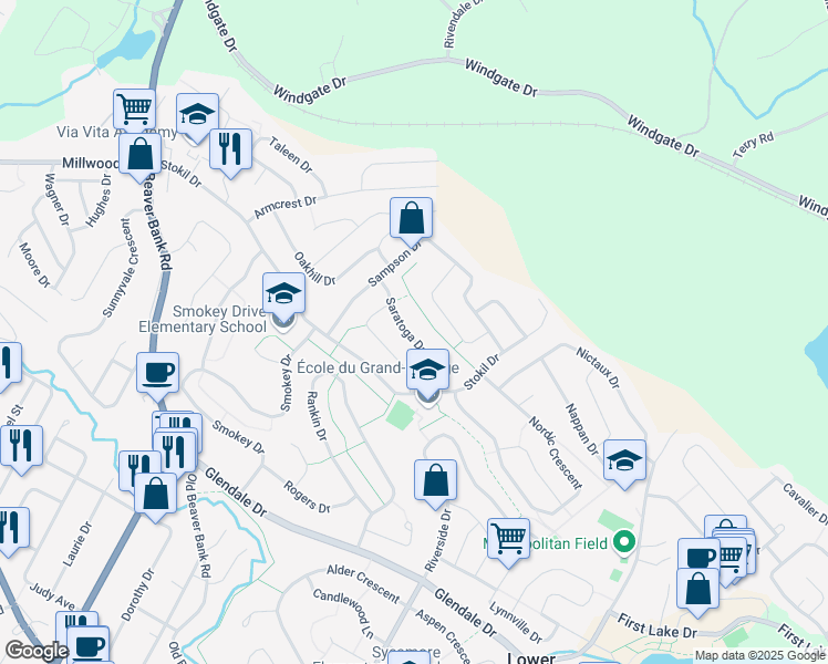 map of restaurants, bars, coffee shops, grocery stores, and more near 41 Saratoga Drive in Lower Sackville
