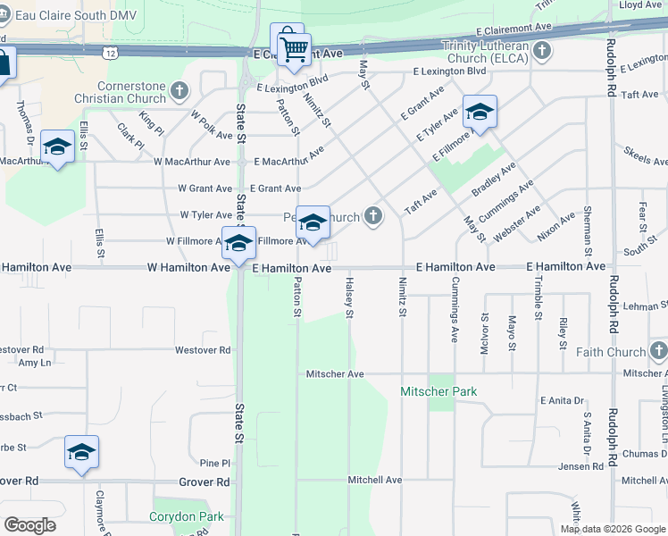 map of restaurants, bars, coffee shops, grocery stores, and more near 403 East Hamilton Avenue in Eau Claire