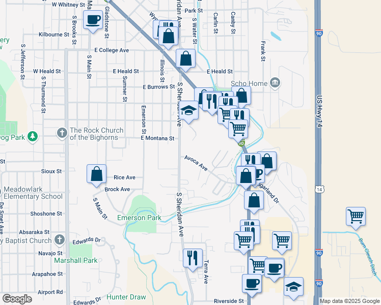 map of restaurants, bars, coffee shops, grocery stores, and more near 503 Avoca Avenue in Sheridan