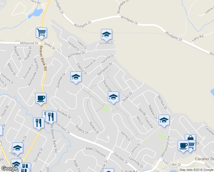 map of restaurants, bars, coffee shops, grocery stores, and more near Saratoga Drive in Lower Sackville