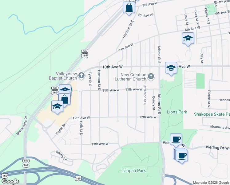 map of restaurants, bars, coffee shops, grocery stores, and more near 1127 Van Buren Street South in Shakopee