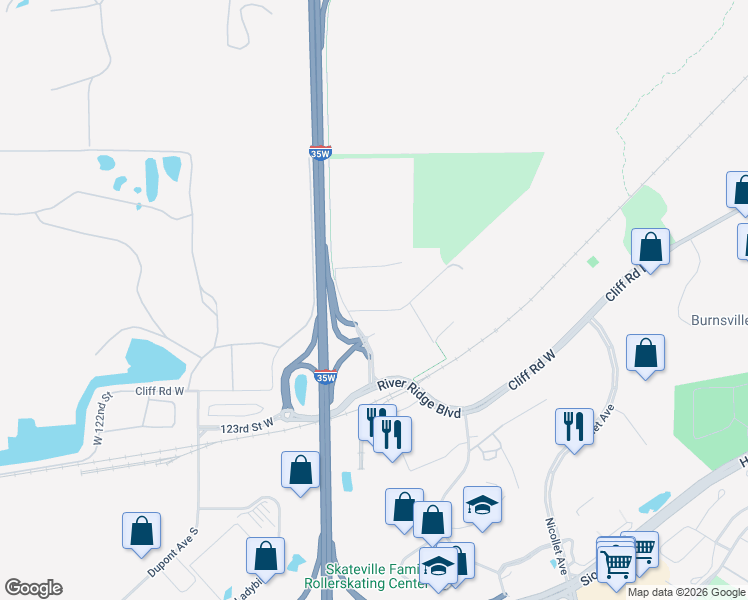 map of restaurants, bars, coffee shops, grocery stores, and more near 600 West 121st Street in Burnsville