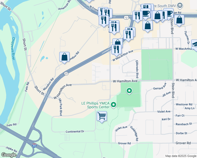 map of restaurants, bars, coffee shops, grocery stores, and more near 3213 Hidden Place in Eau Claire