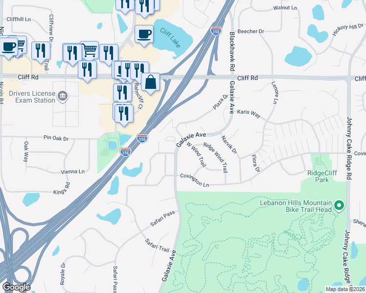 map of restaurants, bars, coffee shops, grocery stores, and more near 1925 Berkshire Drive in Eagan