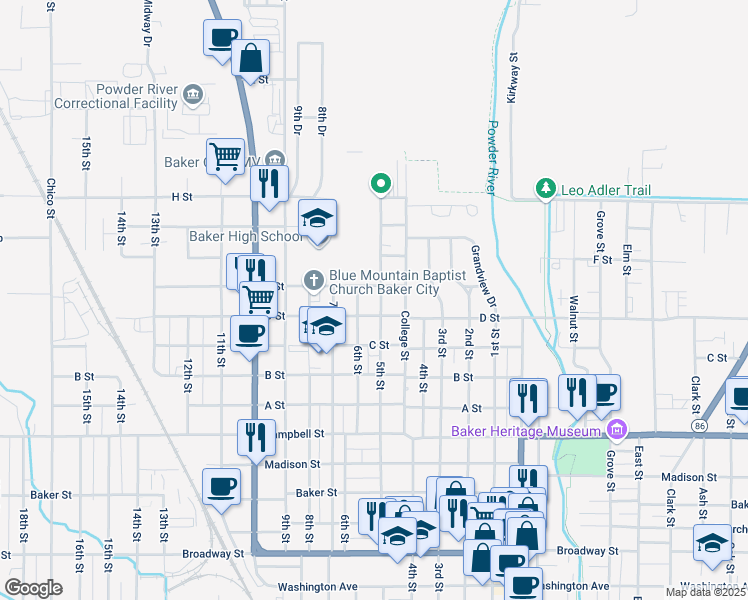 map of restaurants, bars, coffee shops, grocery stores, and more near 2350D D Street in Baker City