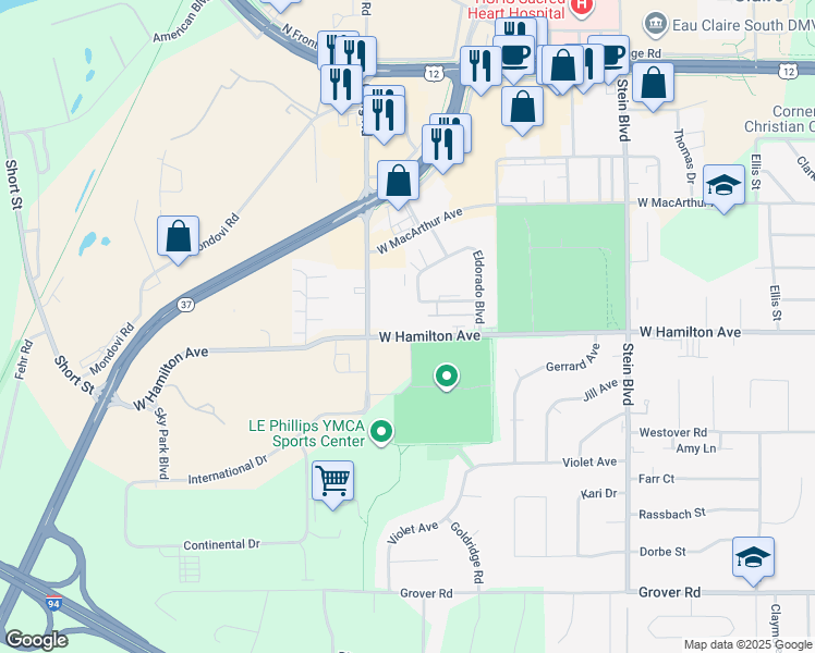 map of restaurants, bars, coffee shops, grocery stores, and more near 1140 West Hamilton Avenue in Eau Claire