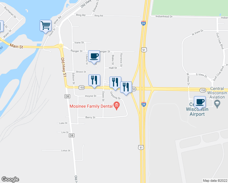 map of restaurants, bars, coffee shops, grocery stores, and more near 490 Orbiting Drive in Mosinee