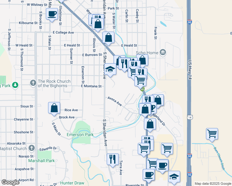 map of restaurants, bars, coffee shops, grocery stores, and more near 503 Avoca Avenue in Sheridan