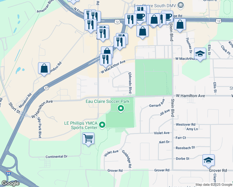 map of restaurants, bars, coffee shops, grocery stores, and more near 1108 West Hamilton Avenue in Eau Claire