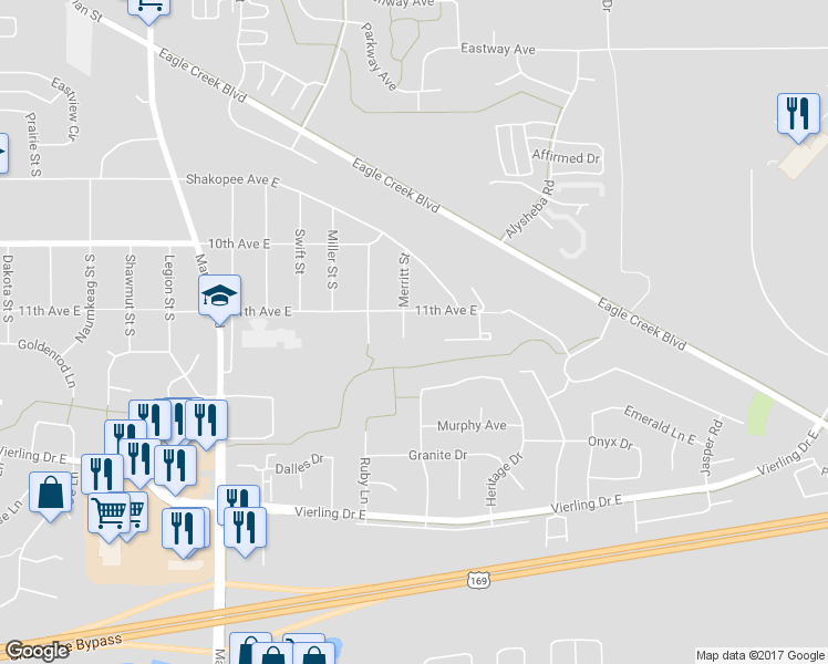 map of restaurants, bars, coffee shops, grocery stores, and more near 1145 Merritt Court in Shakopee