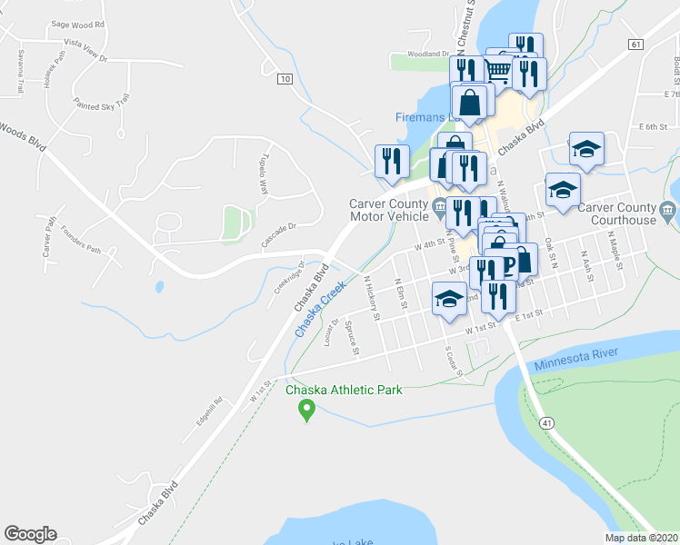 map of restaurants, bars, coffee shops, grocery stores, and more near 401 North Hickory Street in Chaska