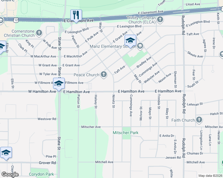map of restaurants, bars, coffee shops, grocery stores, and more near 3305 Nimitz Street in Eau Claire
