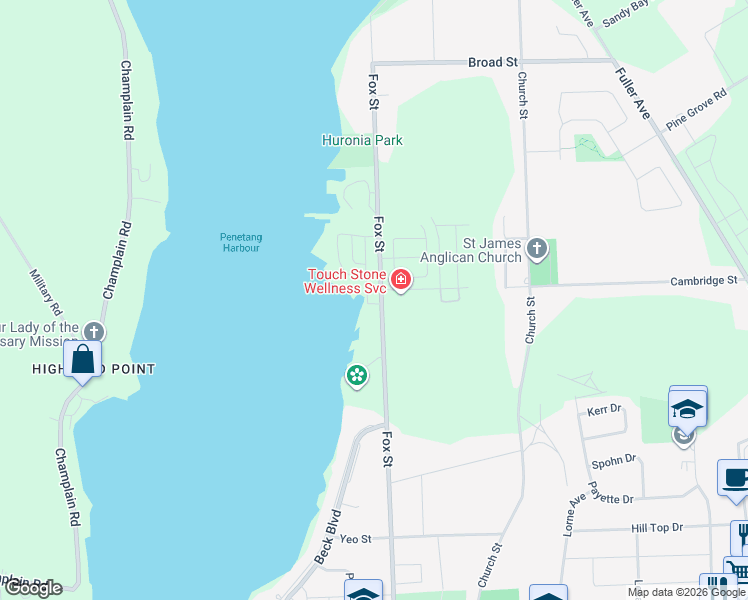 map of restaurants, bars, coffee shops, grocery stores, and more near 176 Fox Street in Penetanguishene