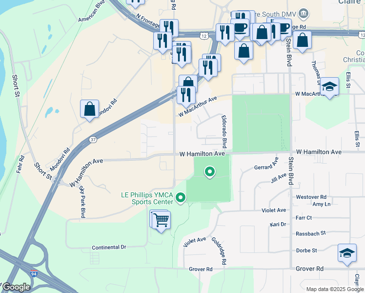 map of restaurants, bars, coffee shops, grocery stores, and more near 1140 West Hamilton Avenue in Eau Claire