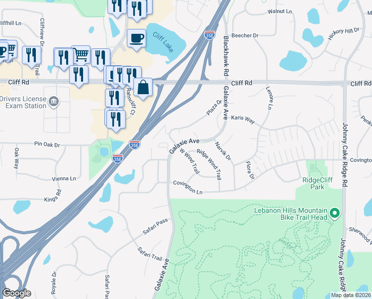 map of restaurants, bars, coffee shops, grocery stores, and more near 4721 West Wind Trail in Eagan