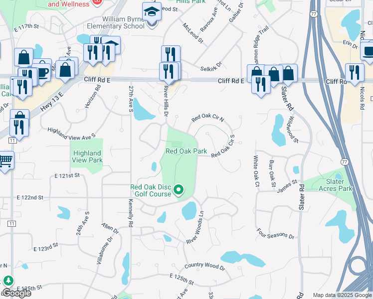 map of restaurants, bars, coffee shops, grocery stores, and more near 12100 River Hills Drive in Burnsville