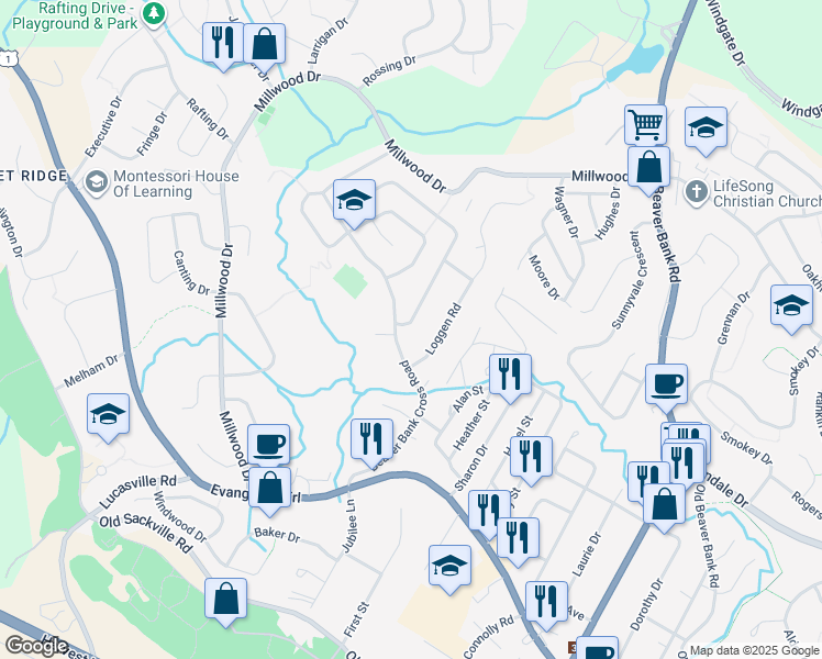map of restaurants, bars, coffee shops, grocery stores, and more near 5 Waterwheel Crescent in Middle Sackville