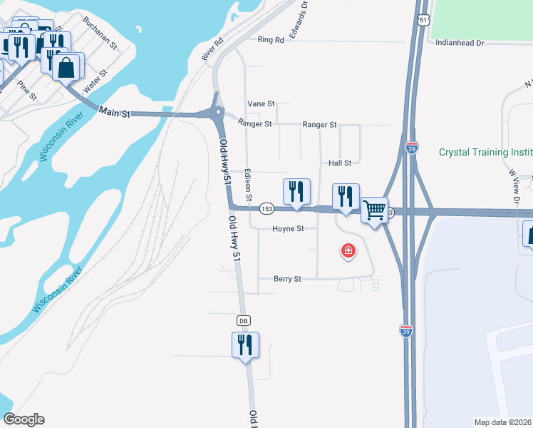 map of restaurants, bars, coffee shops, grocery stores, and more near 471 Super Street in Mosinee