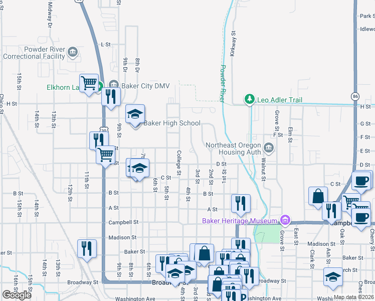 map of restaurants, bars, coffee shops, grocery stores, and more near 2975 North 3rd Street in Baker City