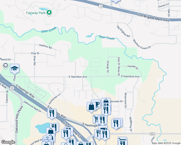 map of restaurants, bars, coffee shops, grocery stores, and more near 5117-5199 East Hamilton Avenue in Eau Claire