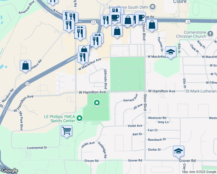 map of restaurants, bars, coffee shops, grocery stores, and more near 955 West Hamilton Avenue in Eau Claire