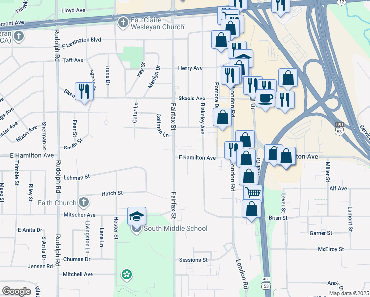 map of restaurants, bars, coffee shops, grocery stores, and more near 3235 Fairfax Street in Eau Claire