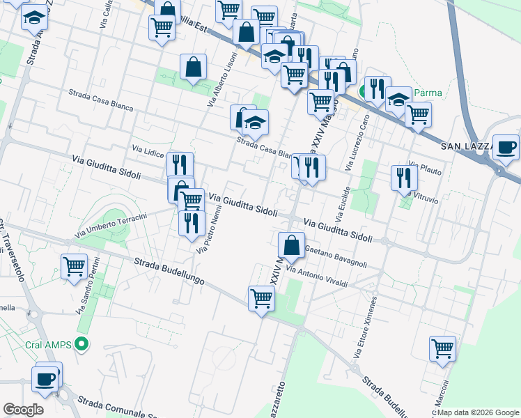 map of restaurants, bars, coffee shops, grocery stores, and more near 49/A Via Giuditta Sidoli in Parma