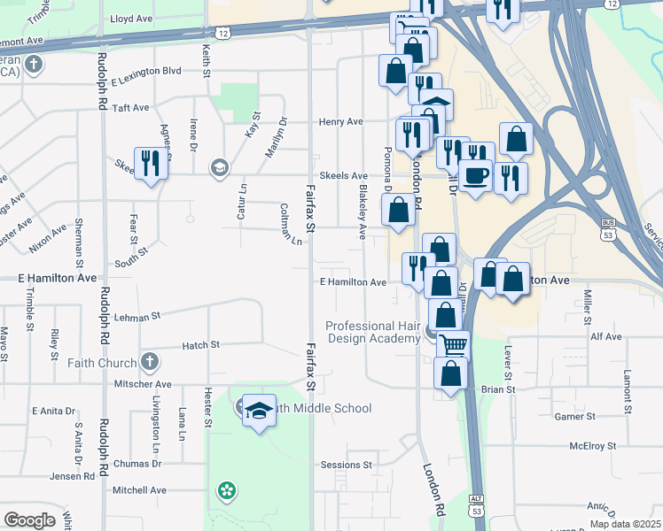 map of restaurants, bars, coffee shops, grocery stores, and more near 3235 Fairfax Street in Eau Claire