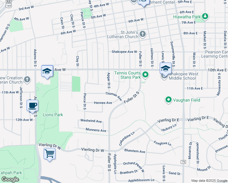 map of restaurants, bars, coffee shops, grocery stores, and more near 487 Thomas Avenue in Shakopee