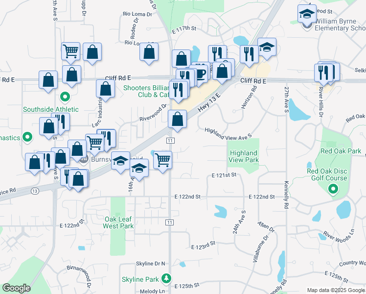map of restaurants, bars, coffee shops, grocery stores, and more near 1 Horizon Heights Road in Burnsville