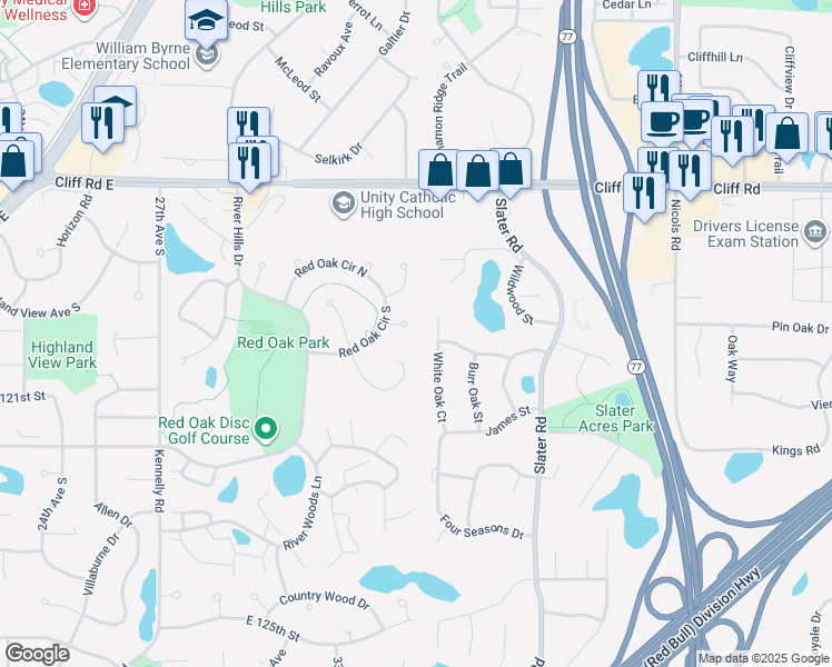 map of restaurants, bars, coffee shops, grocery stores, and more near 12124 Red Oak Court North in Burnsville