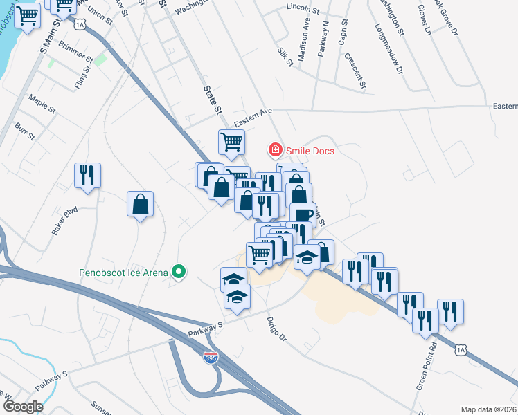 map of restaurants, bars, coffee shops, grocery stores, and more near 373 U.S. 1A in Brewer