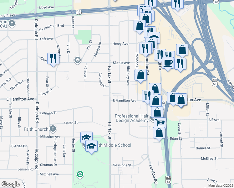 map of restaurants, bars, coffee shops, grocery stores, and more near 3235 Fairfax Street in Eau Claire
