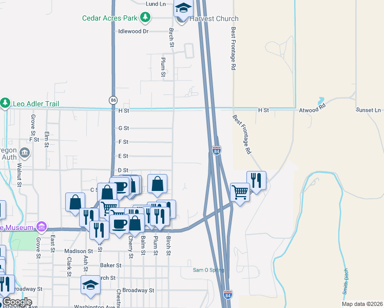 map of restaurants, bars, coffee shops, grocery stores, and more near 670 E street in Baker City
