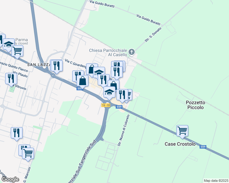 map of restaurants, bars, coffee shops, grocery stores, and more near 66 Via Emilio Lepido in Parma