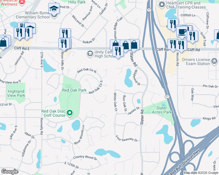 map of restaurants, bars, coffee shops, grocery stores, and more near 12124 Red Oak Court North in Burnsville