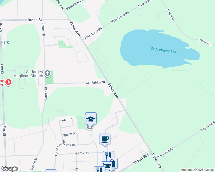 map of restaurants, bars, coffee shops, grocery stores, and more near 94 Cambridge Street in Penetanguishene