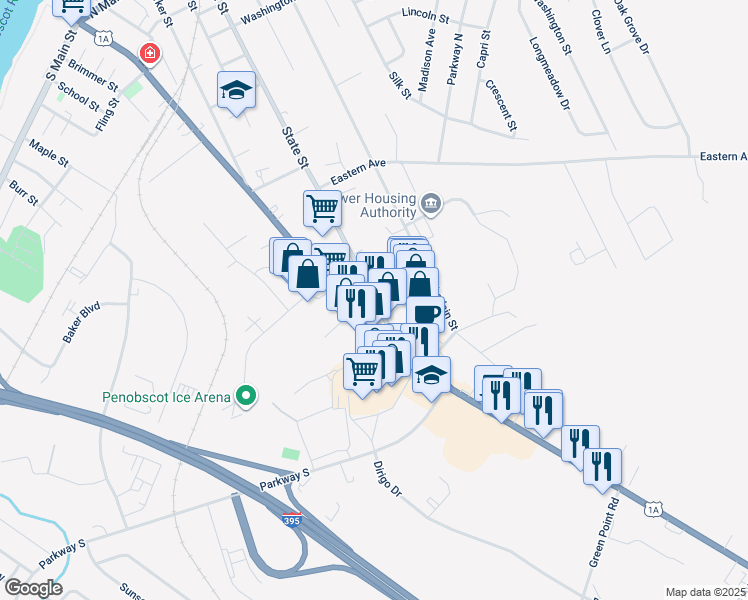 map of restaurants, bars, coffee shops, grocery stores, and more near 247 State Street in Brewer