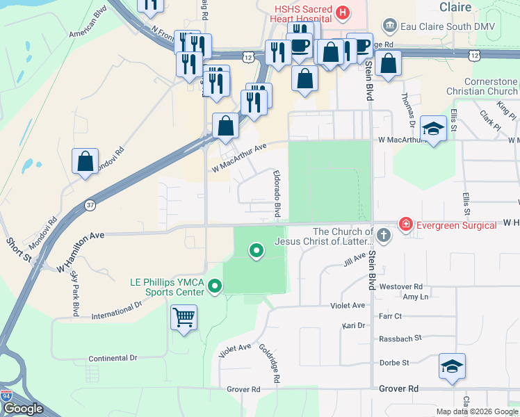 map of restaurants, bars, coffee shops, grocery stores, and more near 1031 Imperial Circle in Eau Claire