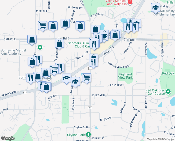 map of restaurants, bars, coffee shops, grocery stores, and more near 1849 Riverwood Drive in Burnsville