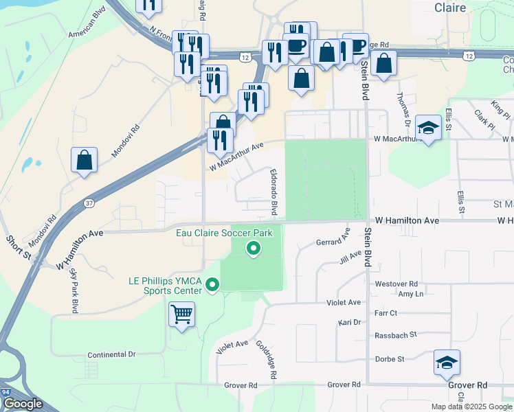 map of restaurants, bars, coffee shops, grocery stores, and more near 3130 Eldorado Boulevard in Eau Claire