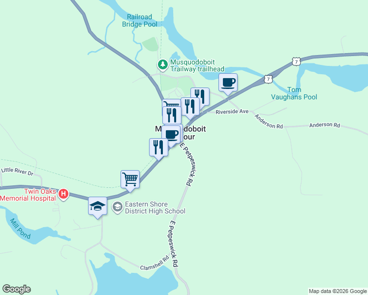 map of restaurants, bars, coffee shops, grocery stores, and more near 7 East Petpeswick Road in Musquodoboit Harbour