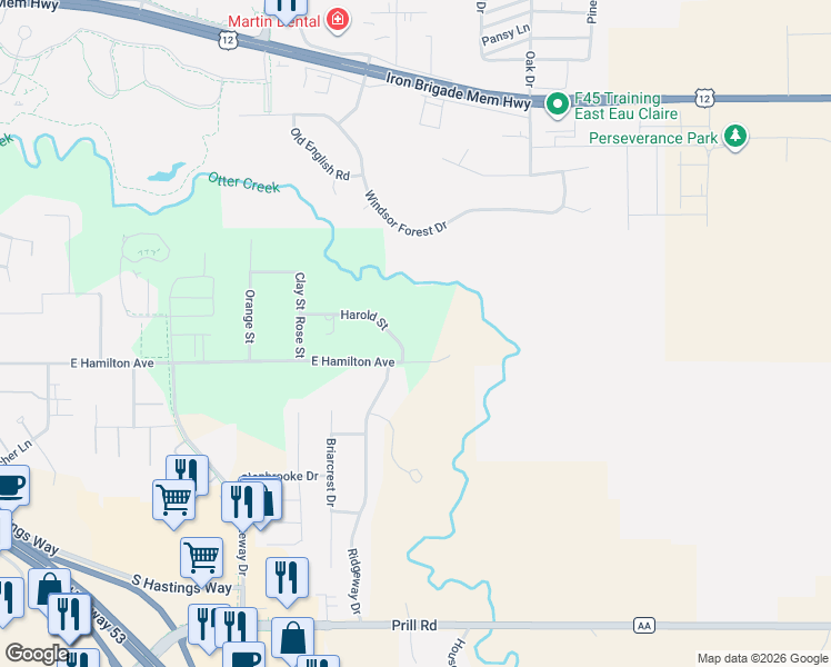 map of restaurants, bars, coffee shops, grocery stores, and more near 5490 Harold Street in Eau Claire
