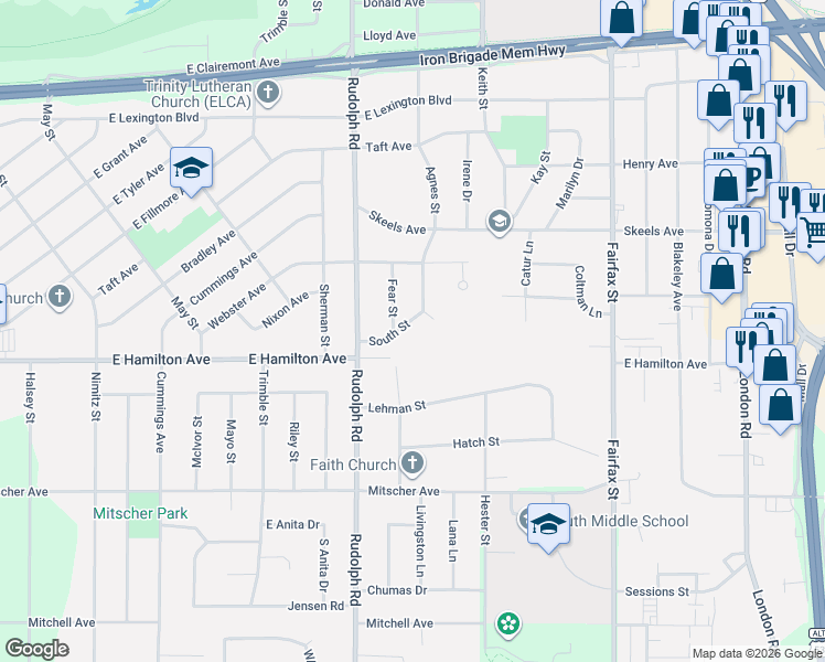 map of restaurants, bars, coffee shops, grocery stores, and more near 1720 South Street in Eau Claire