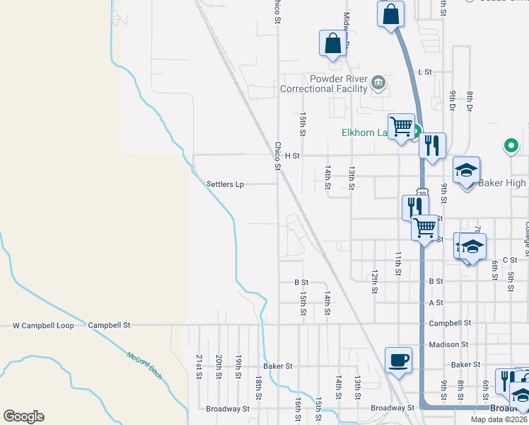 map of restaurants, bars, coffee shops, grocery stores, and more near E street in Baker City