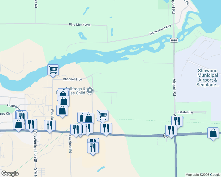 map of restaurants, bars, coffee shops, grocery stores, and more near 350 Channel Trace in Shawano