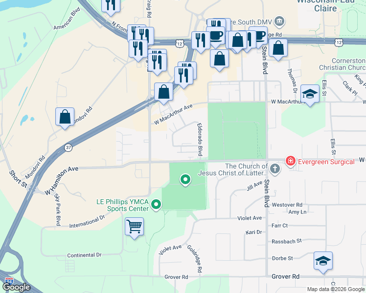 map of restaurants, bars, coffee shops, grocery stores, and more near 1117 Imperial Circle in Eau Claire