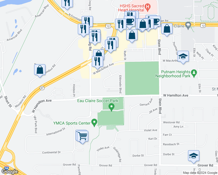 map of restaurants, bars, coffee shops, grocery stores, and more near 1117 Imperial Circle in Eau Claire