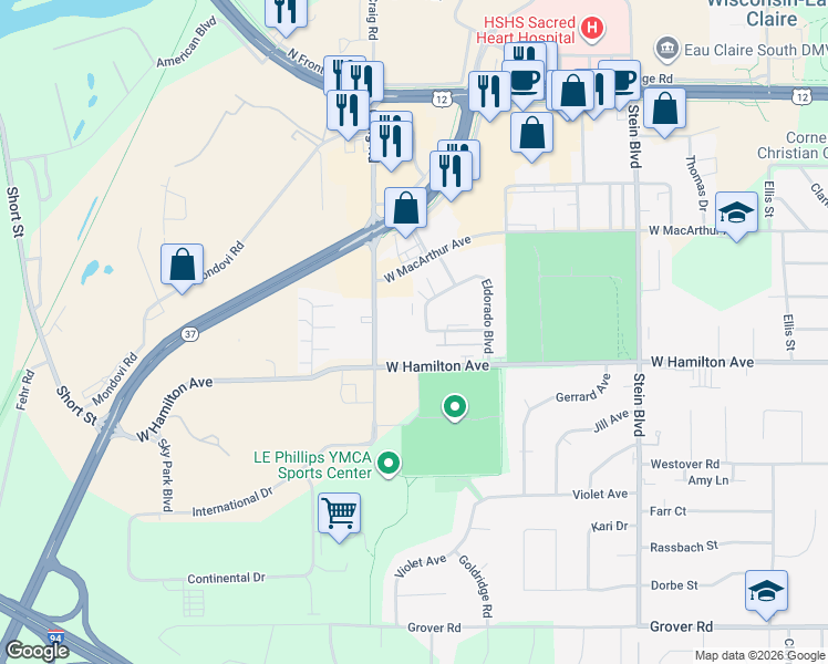 map of restaurants, bars, coffee shops, grocery stores, and more near 3117 Craig Road in Eau Claire