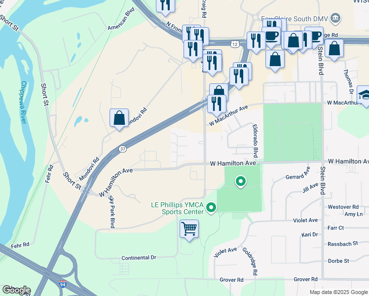 map of restaurants, bars, coffee shops, grocery stores, and more near 3139 Hidden Place in Eau Claire